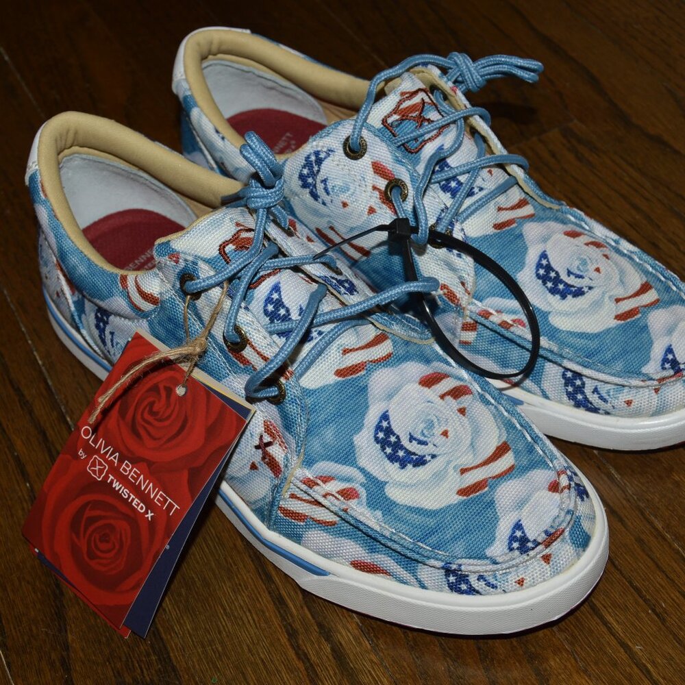 Olivia Bennet Twisted Patriotic Red White Blue Roses Sneaker Tennis Shoe NEW 8
